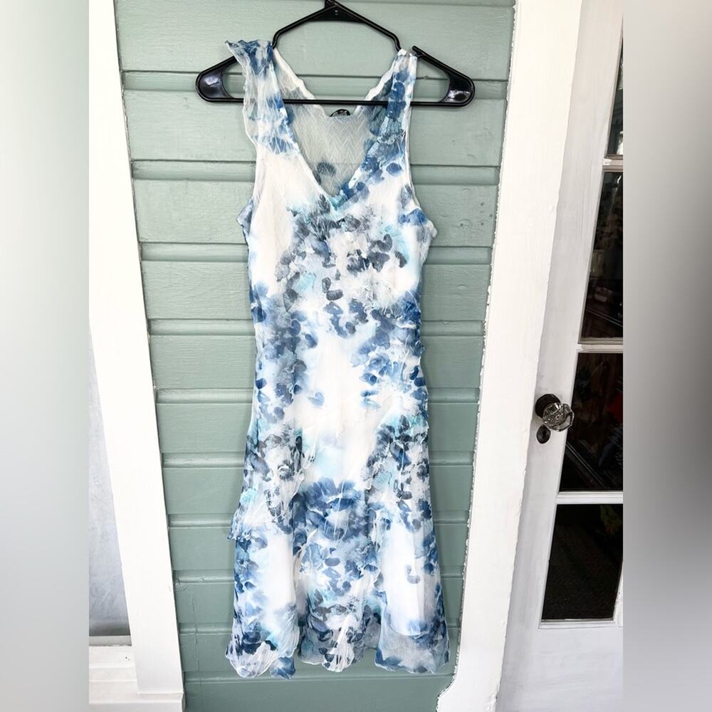 Komarov blue and white floral abstract watercolor dress crinkle dress sleeveless